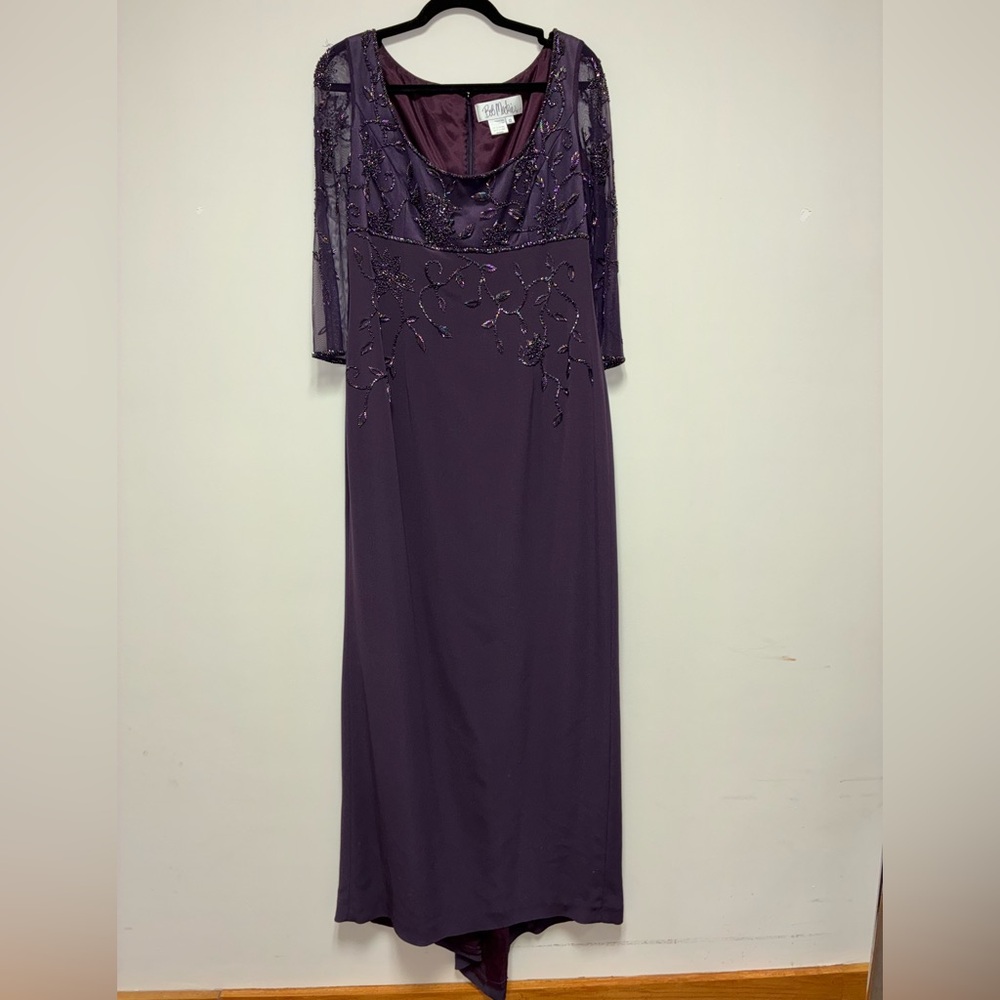 Bob Mackie Plum Beaded Evening Gown | Size 12 | Sheer Sleeves Formal Dress
